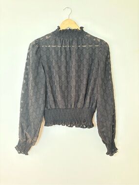 Blāshe Sheer Black Smocked Mock Neck Blouse Size M Romantic Goth Scallop